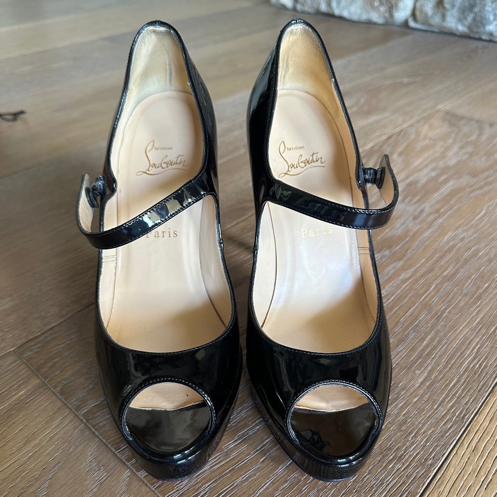 Authentic Christian Louboutin Black Patent Mary Jane Peep Toe Platform Heels - Picture 3 of 16